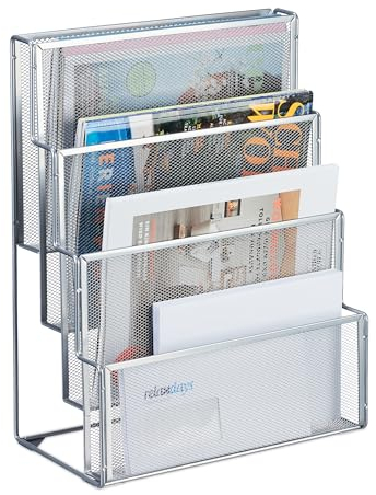 Relaxdays Zeitschriftenhalter Metall, 4 Fächer, Dokumentenablage Büro, HBT: 43x33x18 cm, Magazinhalter, Briefe, Silber, 100% Stahl