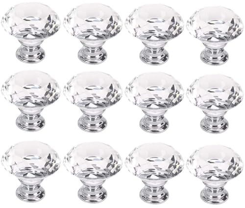 BSTMOME 12PCS Clear Crystal Glass Door Knobs - 30MM Diamond Wardrobe Doorknob/Crystal Glass Drawer Knobs/Cabinet Cupboard Handle Pull Knobs/Door Pull Handle with Screws (Clear)
