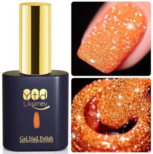 YTD Likomey Colorful Reflective Glitter Gel Polish,15ml Orange Flash Diamond Shimmer Nails Gel,Sparkly Shiny Salon Home Nail Art Manicure UV Gel,SZ394