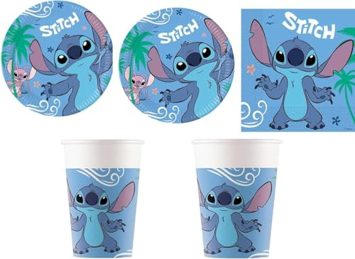 Procos Stitch - Juego de 52 servilletas de papel de 20 capas, 16 platos de 23 cm, 16 tazas de 200 ml