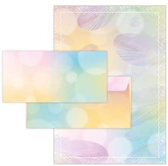 Briefpapier-Set 250 Druckerpapier DIN A4 + 250 Umschläge DIN-lang haftklebend Motiv Federn beidseitig beschriftbar und bedruckbar für Einladung Briefpost Firmenpost Urkunde Zertifikate