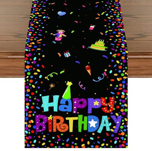 Table Geburtstag Tischläufer, Tischläufer Geburtstag Schwarz Tischdeko Geburtstag, Happy Birthday Tischläufer Tischdecke, Tischdekoration Geburtstag für Mädchen Jungen Geburtstag Dekoration