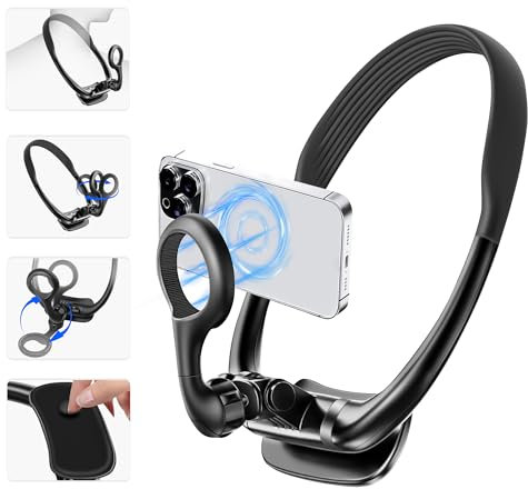 Magnetic Neck Phone Holder for Recording, Neck Tripod for iPhone, 360°& 180° Rotation POV/Vlog Selfie Hands-Free Video Recording Suitable for iPhone 12-15 Series and All Android Phones