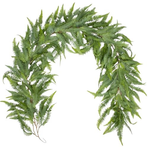 Arborus Artificial Fern Leaf Garland 5FT Fake Boston Fern Vines Garlands Realistic Foliage Garlands Faux Hanging Plants Greenery Garland for Wedding Home Farmhouse Fireplace Indoor Decoration