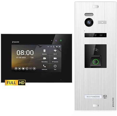 Balter EVO-HD Video Türsprechanlage mit Fingerprint, Video Türklingel, 1 Familienhaus, 1x 7 Zoll Monitore, Türklingel mit Kamera Full HD, 2 Draht Bus, 175° Weitwinkel, RFID,1080P