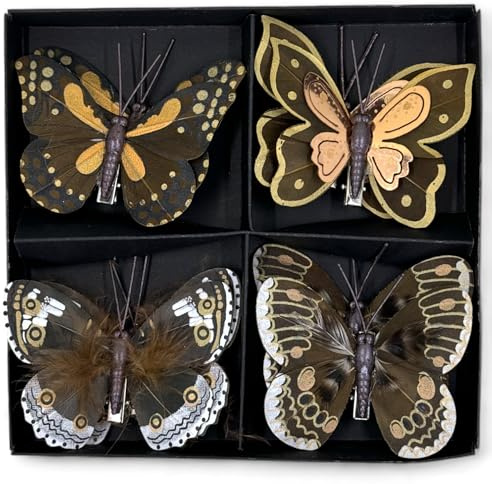 MIJOMA Deko-Schmetterlinge mit Clip, farbenfrohe Schmetterlinge für Festliche Dekoration, vielseitig einsetzbar für Floristik, Hochzeit, Weihnachten und Bastelarbeiten (Schwarz-Braun, 8 Stück)