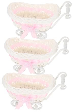 VOSAREA 3St Einkaufskorb kann Puppenwagen Puppenhaus-Einkaufswagen kleine Körbe für Spielzeug-Buggy Rad dekoration geschenkkorb Blumenkorb zur Hochzeit geflochtener Süßigkeitenkorb Rosa