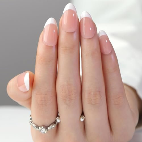 Lot de 24 Faux Ongles Amande, Nude Rose Ongles à Coller Brillant Blanc French Tips Press on Nails avec Autocollants Adhésifs, Artificiel Couverture Complète Acrylique Ongles pour Femmes Filles