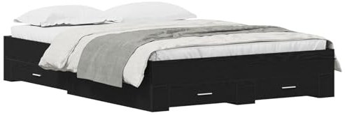 vidaXL Bed Frame 135x190cm with Storage Drawers - Black Oak Solid Wood for Contemporary Bedroom