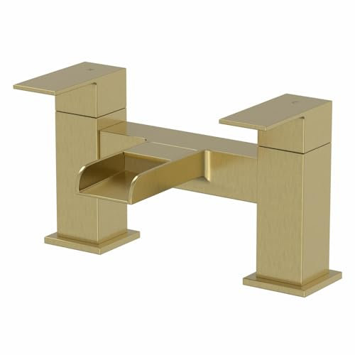 Architeckt® Dakota Bathroom Waterfall Bath Filler Mixer Tap Deck Mounted Square Twin Lever Handle for Bathtub Modern, Brushed Brass