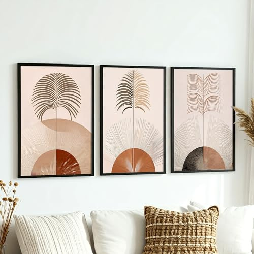 DUOMIO Moderne Wandbilder im 3er-Set (optional) mit Rahmen – Stilvolle Wanddekoration – Boho Wall Art - Abstrakte Blumen Bilder Beige-Töne - Wandkunstdruck für Büro & Wohnzimmer