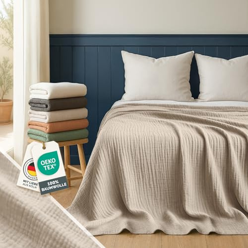 Blumtal Tagesdecke Baumwolle 130x170 cm - Musselin Decke Oeko-TEX Zertifiziert - Bettüberwurf 130x170 - Couch Überwurf - Kuscheldecke Baumwolle 100% - Couch Decken Überwurf - Überwurfdecke Creme-Weiß