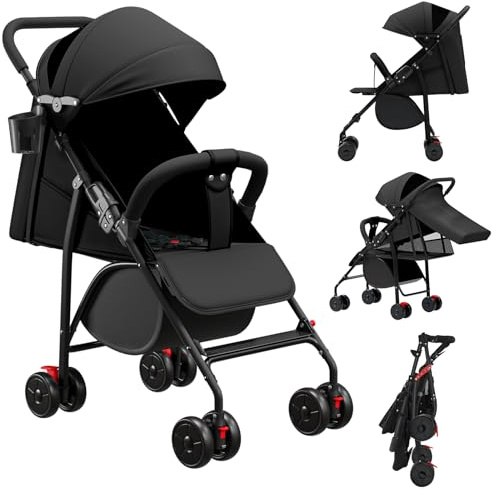 Belfoyer Kinderwagen Buggy Liegefunktion, Leichter 4-Rad Buggy ab 0–4 Jahre, Verstellbare Rückenlehne, Klein Zusammenklappbar, mit Moskitonetz & Cupholder (Schwarz)