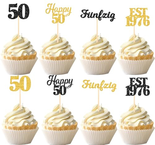 Gleevio Fünfzig Tortendeko 50 Geburtstag Frauen Männer,24 Stück Muffin Deko 50. Geburtstagsgeschenk,Glitzer Cupcake Topper 50. Geburtstag Deko,EST 1976 Kuchendeko 50 Jahre,Happy 50th Tortendeko