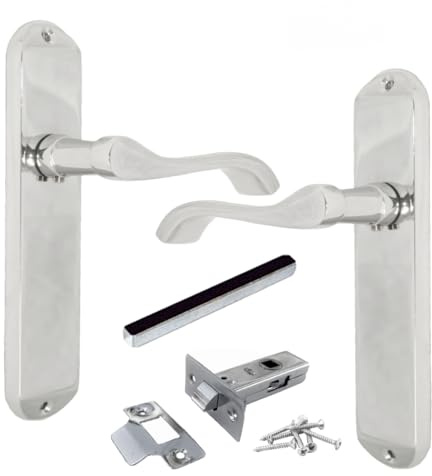 Epsom Door Handle Cadenza Victorian Scroll Lever Latch – Polished Chrome Interior Door Handle Set with Tubular Latch, 178mm x 40mm Backplate, Classic Scroll Design for Home & Office Doors