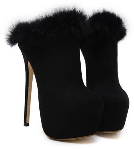 Mules à Plateforme et Bout Fermé pour Femmes, Bottines Classiques à Bout Rond et Talon Aiguille, Pantoufles Confortables en Fourrure Douce et Peluche à Talons Hauts pour Soirées,Noir,42 EU