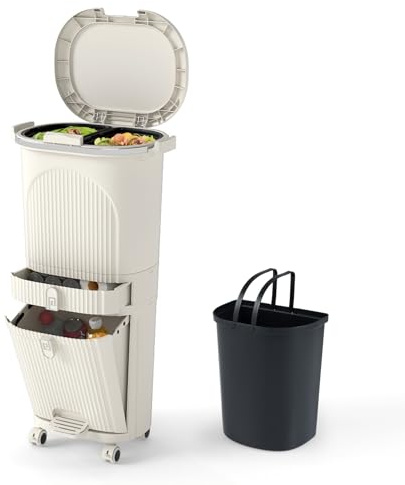 GOPLUS Cubo de Basura Cocina 42 L con 3 Compartimentos, Pedal y Ruedas, Cubo Basura con Tapa, 2 Cubos Extraíbles y Cajón, Contenedor Vertical para Reciclaje para Salón, Baño, Beige