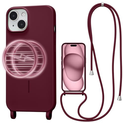 UCASONG Magnetic Case for iPhone 14 Plus/15 Plus with Lanyard, Wine Red | Compatible with MagSafe, Crossbody Liquid Silicone Case, Soft Shockproof Protective Cover, with Adjustable Neck Cord Strap