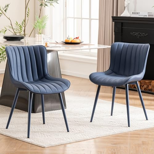 YOUTASTE Esszimmerstühle 2er Set, Küchenstühle mit PU Leder & Rückenlehne | Polsterstuhl mit Streifenmuster & Metallbeinen, Vintage Moderne, für Esszimmer, Küche, 150kg, Alles Navy Blau