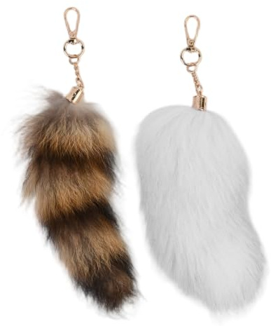2 Stück Fuchsschwanz Anhänger 20cm Flaumig Therian Tail Keychain Set Weich Kunstpelz Fuchsschwanz für Schlüsselring Tasche Zubehör Auto Schlüsselanhänger Dekoration Weiß und Braun-Schwarz Gemischt
