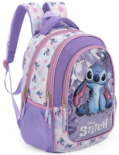 Mochila Escolar Niña Ergonómica para Fans de Stitch - 43x33x20 cm - 6 a 10 Años - Grande Adaptable a Carro con Compartimento para Portátil, Espalda Acolchada y Reflectantes