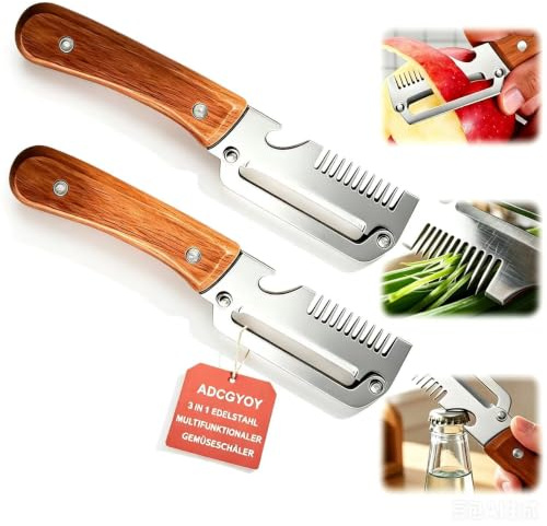 3 in 1 Sparschäler, Multifunktionaler Gemüseschäler für die Küche, Edelstahl Schäler mit Holzgriff und Integrierter Flaschenöffner, Kartoffelschäler für Obst, Gemüse, Fleisch & Flaschen (2 Stück)