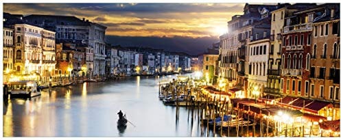 Wallario Glasbild Canal Grande in Venedig am Abend mit untergehender Sonne - 32 x 80 cm Wandbilder Glas in Premium-Qualität: Brillante Farben, freischwebende Optik
