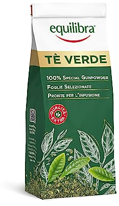 Equilibra Alimenti, Tè Verde Foglie, Varietà Gunpowder, 100% Qualità Extra, a Base di Foglie di Tè Verde, Non Sottoposto a Fermentazione, Delicatamente Aromatico, Sacchetto 100 g