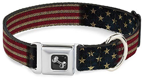 Buckle-Down Dog Collar Seatbelt Buckle Vintage US Flag Stretch 13 to 18 Inches 1.5 Inch Wide, Multicolor (DC-SB-DB-W32210-1.5-S)