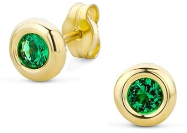 Orovi – Ohrringe rund aus 9 Karat Gelbgold (375) mit kreiertem Smaragd (0.22 ct) – Ohrstecker Gold Damen mit Solitaire Edelstein in edler Zargenfassung – Allergenfrei & handgemacht (5 x 5 mm)