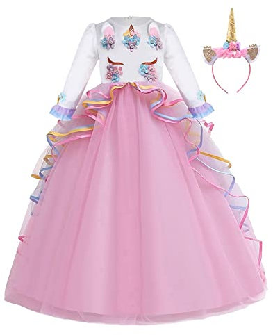 Ragazze Carnevale Costumi Unicorno Principessa Compleanno Matrimoni Tulle Lungo Maxi Abiti Natale Halloween Cosplay Cerimonia Festa Vestito Maniche Lunghe con Cerchietto Rosa 10-11