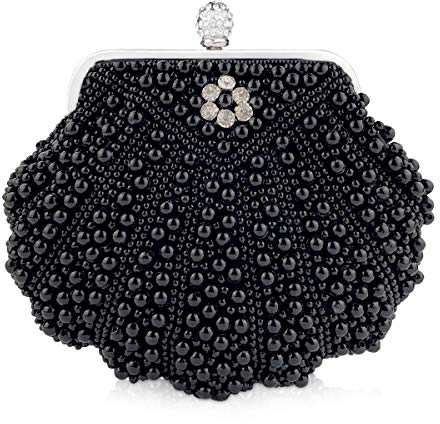 NICOLE & DORIS Pochette Donna Elegante Clutch Cerimonia Borsa da Sera Borsetta perla Catena Strass per Matrimonio Festa Cocktail Nero