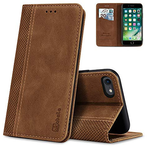 AKABEILA Case for iPhone SE 2022/SE 2020/8/7, Premium PU Leather Flip Folio Wallet Book Case Phone Case Cover with Magnetic Closure Stand Card Slot Light Brown