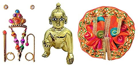 Laddu Gopal Thakur ji Statue Pital Messing Murti Kanha ji mit Pushak Mukut, Metall Baby Krishna Bal Gopal Thakurji Größe 3, dekoratives Schaustück, dekoratives Schaustück, 8 cm (Messing, mehrfarbig)