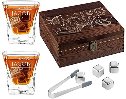 Maverton Whisky Stones and 2 Engraved Glasses - Set of 8 Stones & 250ml Whisky Glasses - Birthday Gift for Men - Gift idea for Gentleman - Name