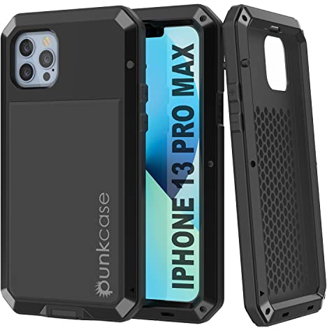 Punkcase Schutzhülle für iPhone 13 Pro Max aus Metall, robust, stoßfest, Hartaluminium und TPU-Design mit Displayschutz aus gehärtetem Glas für iPhone 13 Pro Max (6.7 Zoll) (2021) [Schwarz]