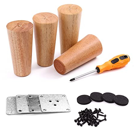 LONGZG 4 Stück Holz Tischbeine, DIY Möbelbeine aus Massivholz, Massivholz Konisch Ersatz Möbelfüße mit Montageplatten & Schrauben für Sofa Schrank Couch Stuhl Bett (12cm, Holzfarbe)