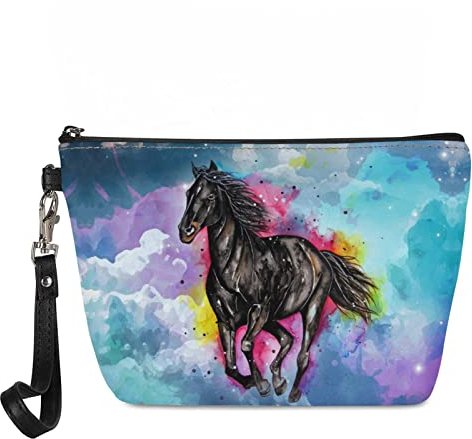 HELLHERO Kleine Kosmetiktasche für Damen und Mädchen, aus Leder, pferd, Make-up-Tasche