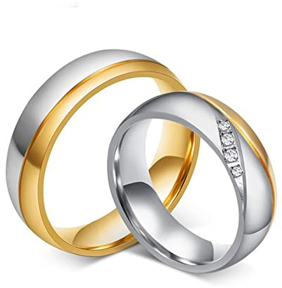 AMDXD Verlobungsring 6MM, Ring Partnerringe Edelstahl Zweifarbig Poliert mit Zirkonia für Herren & Damen, Silber Gold, Damen Gr.49 (15.6) & Herren Gr.60 (19.1)