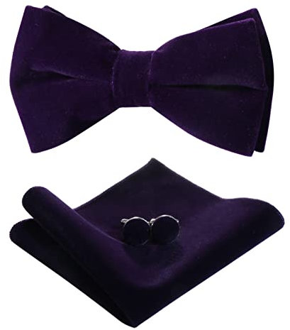 HOULIFE Fliege Herren Set - Verstellbare Fliege aus Samt Vorgebunden Fliege, einfarbige Einstecktuch, Manschettenknöpfe Set für Bräutigam Hochzeit formal mit Geschenkbox, Violett