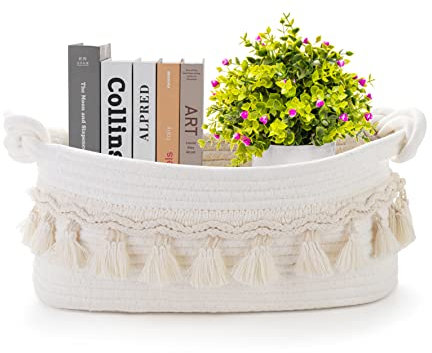 Gewebte Körbe zum Organisieren, 35,6 x 14 x 15,2 cm, kleine Körbe für Geschenke, leeres Toilettenpapier, Aufbewahrung mit Knoten, Griffen zum Binden, dekorativer Korb für Boho-Badezimmer-Dekoration