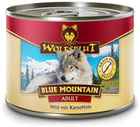WOLFSBLUT – Blue Mountain Adult | Nassfutter mit wertvollen Superfoods für ausgewachsene Hunde. Getreidefreies Alleinfutter ohne Zusatzstoffe in der Dose | 6x200g Wild