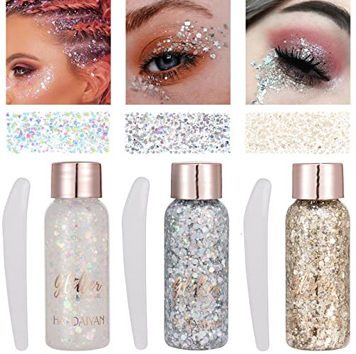 Körper Glitzer Gel Liquid Face Body Festival Mermaid Sequins Chunky Gesicht Haar Make-up Long Lasting Sparkling Weiß+Silber+Champagner-Gold
