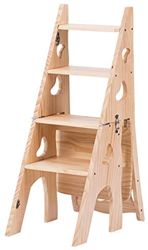 3 in 1 Gradino Pieghevole Convertibile, Sgabello Pieghevole in Legno Scala Portatile Sedia Sgabello Multifunzione Scaletta/Sedia per Casa Biblioteca 4 Gradini, Portafiori (Color : Wood, S : 47x35x90