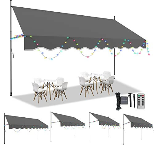 Izrielar Klemmmarkise mit Handkurbel Solar Lichterkette, Markise Balkonmarkise ohne Bohren 300cm Grau, Höhenverstellbar Einziehbar Sonnenschutz, wasserdicht, UV-beständig, Polyester