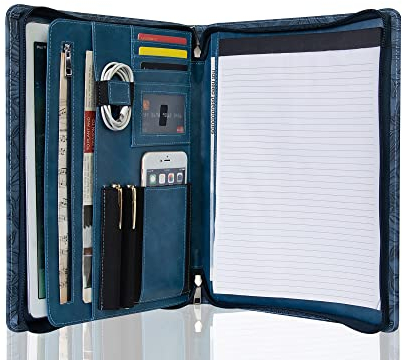 Calfinder Konferenzmappe A4, PU Leder Dokumentenmappe, Reissverschluss Schreibmappe a4, Aktenmappe mit a4 Klemmbrett, Business Portfolio Organizer, Dunkelblau