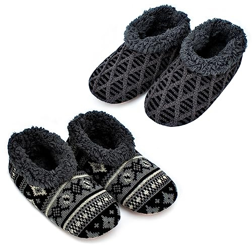cosyone1997 2-Pair Mens Slippers Sherpa Lined Fuzzy Slipper Socks Non Slip