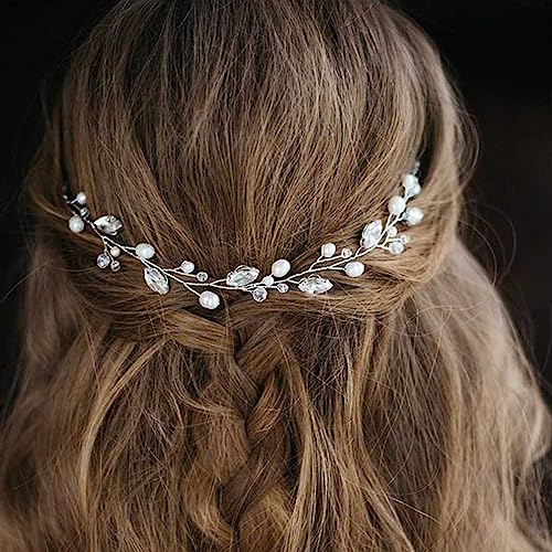 Cubahop Silberfarbener Hochzeits-Haarreif mit Kristallperlen und Strasssteinen, Haarschmuck für Damen und Mädchen