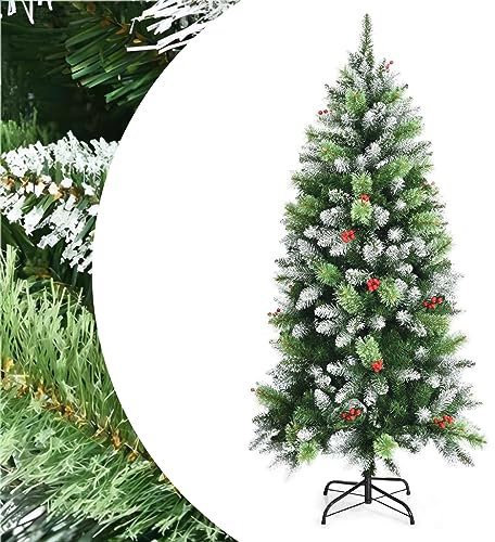 SPOTRAVEL 4FT/5FT/6FT Christmas Tree, Detachable Slim Xmas Tree with Pine Needle, Red Berries, Premium Metal Hinges & Base, Snow Flocked Artificial Pine Tree for Home Office Decoration (6FT)