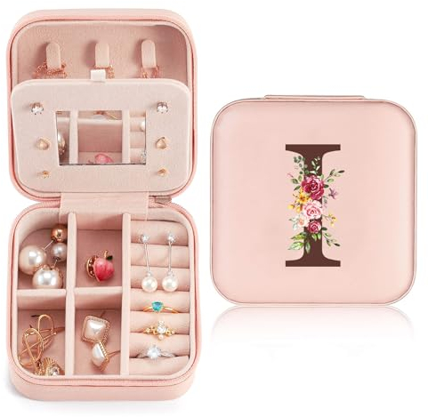 Reise Schmuckkästchen Klein mit initialen I und Blume, Schmuckaufbewahrung für Damen PU-Leder, Mini Schmuckschatulle Schmuckkasten für Damen Mädchen Geschenk für Geburtstag, Weihnachten, Muttertag
